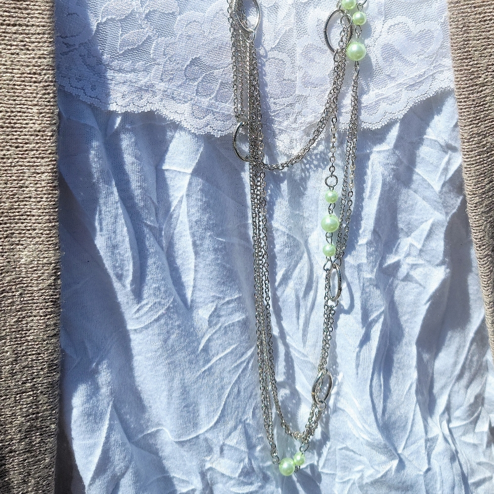 Light green faux pearl multi chain necklace and Earring set